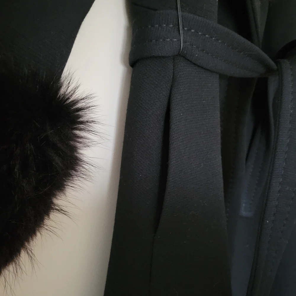 Vintage 70s Penny Lane Style Black Wool Trench Coat with Fur Trim - Picture 6 of 11
